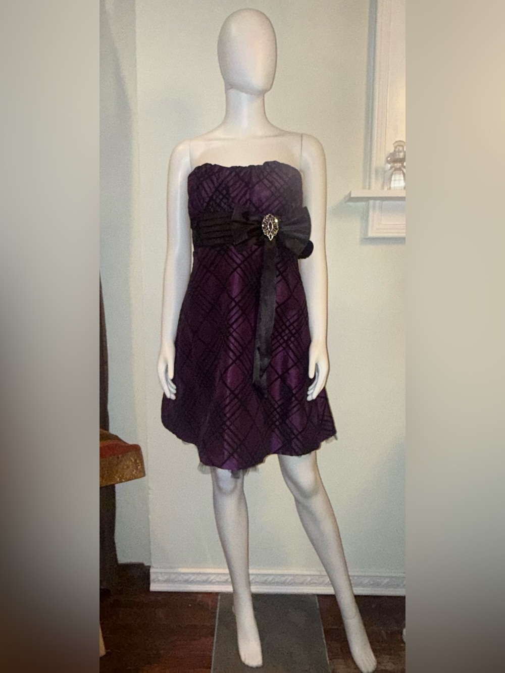 Heart Soul Purple Plaid Strapless Party Dress with Black Sash